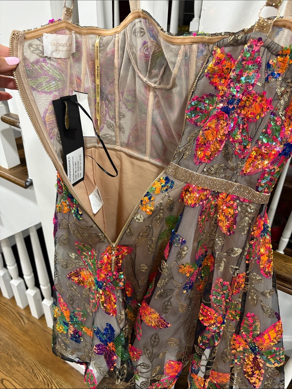 Bronx and Banco Brown Mini Dress with Multicolor Sequin Floral Embroidery - Picture 7 of 16